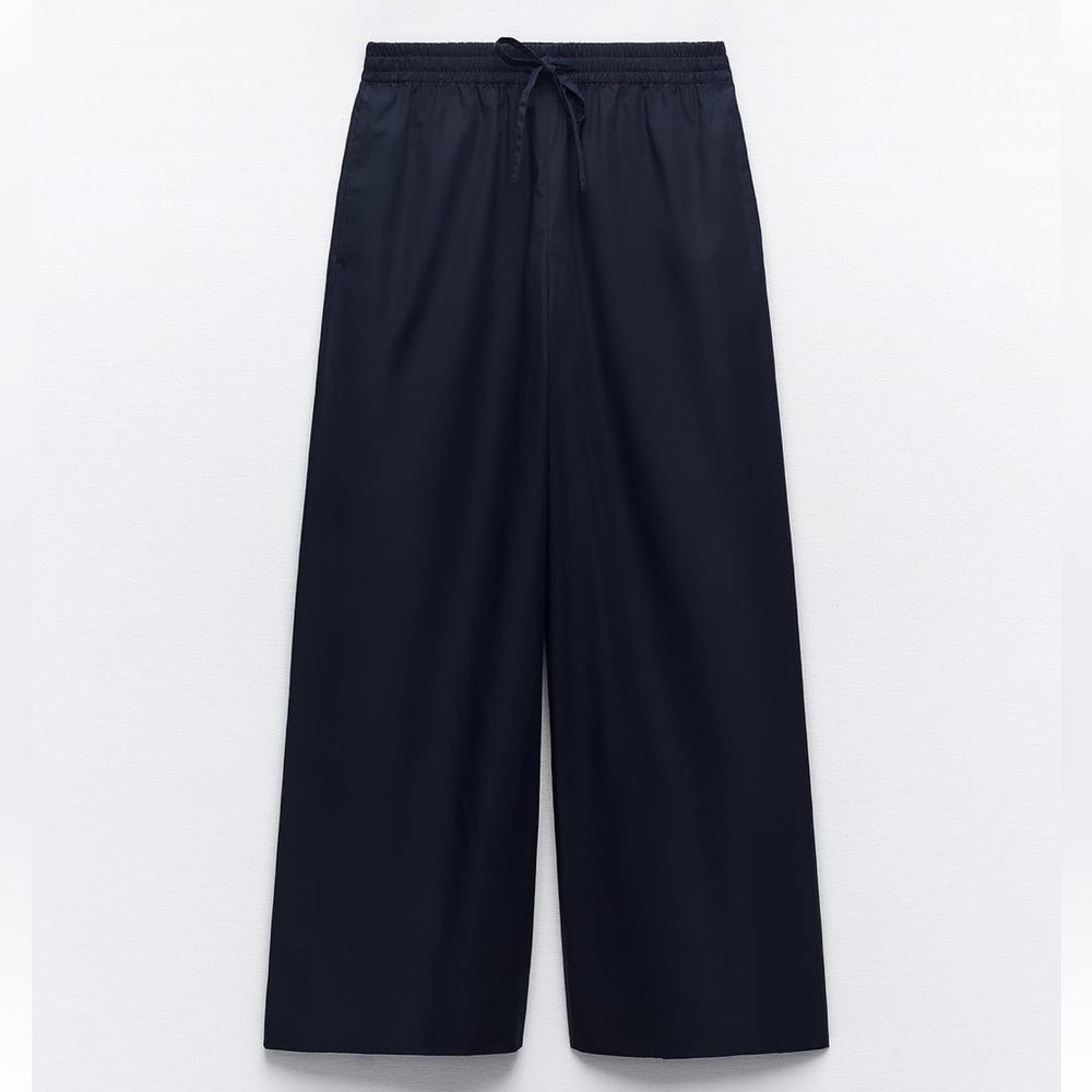 ZARA NEW WOMAN MID-RISE WIDE-LEG POPLIN TROUSERS PANT NAVY BLUE 7563/242 308/015 - Picture 4 of 7